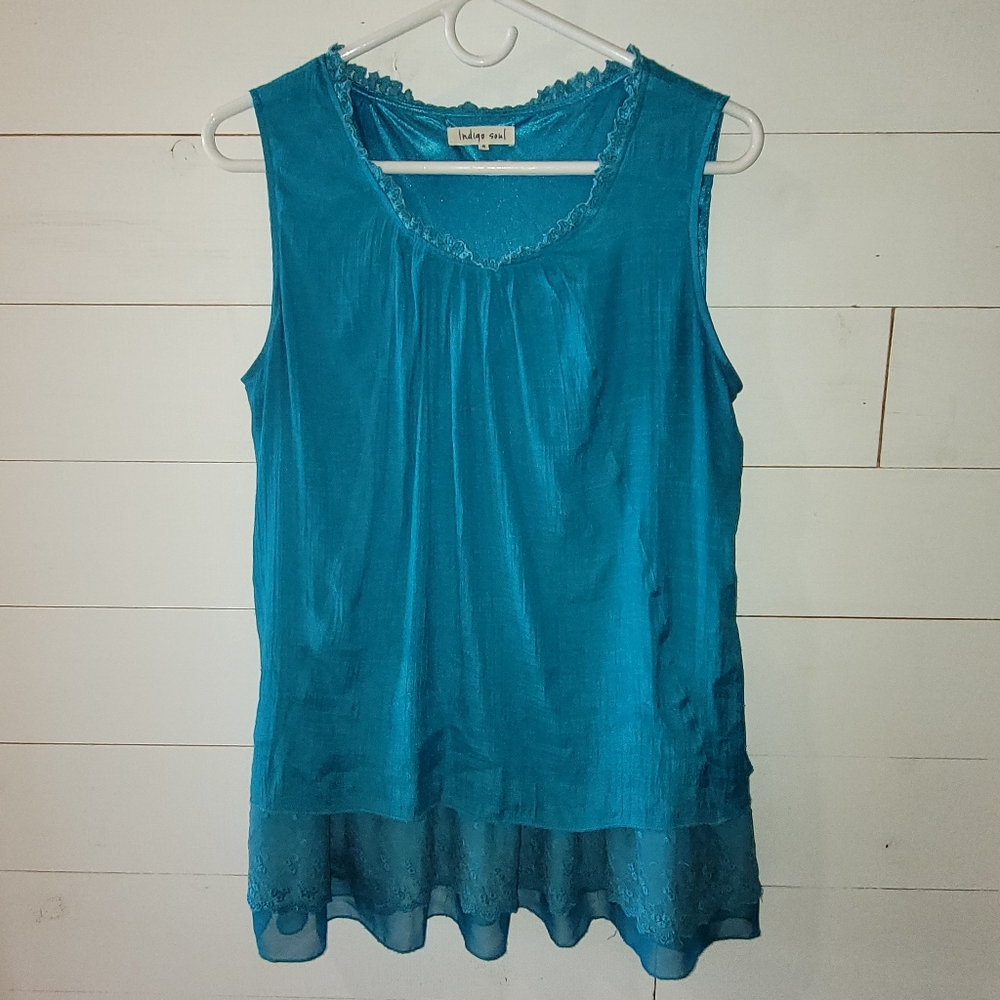 Indigo Soul Sleeveless Shirt Tunic Tank Top with Flowy Lace Ruffle Teal Blue S-M